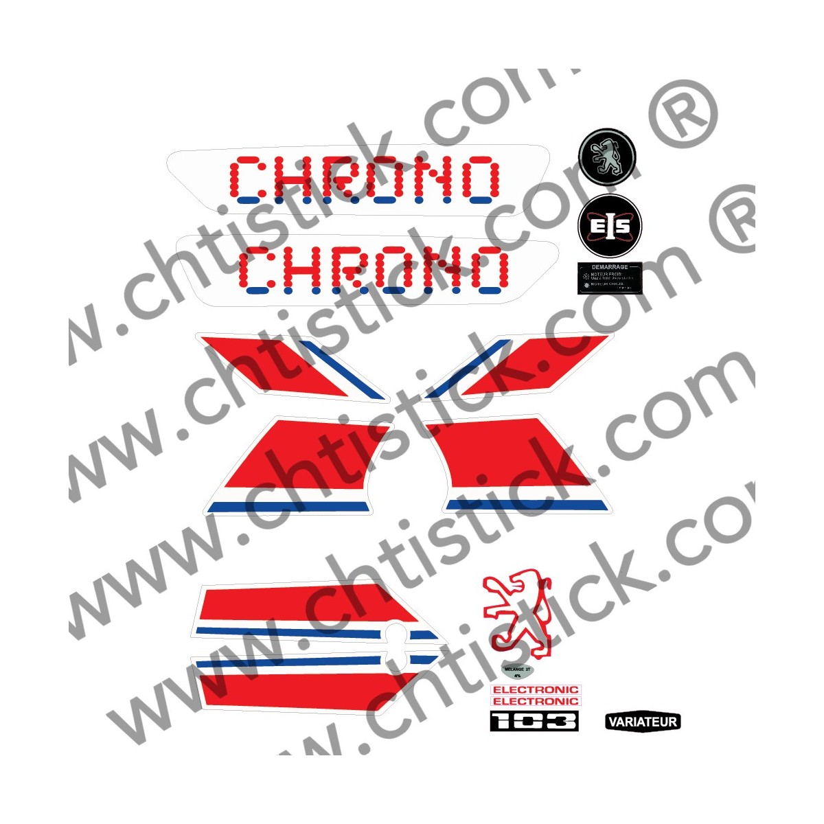 chtistick Kit autocollants Peugeot 103 CHRONO ROUGE BLEU