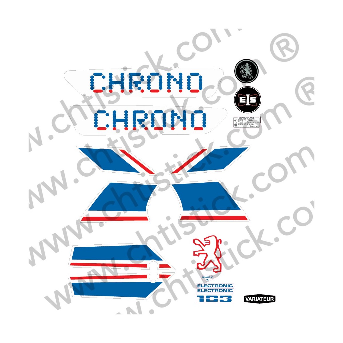 chtistick Kit autocollants Peugeot 103 CHRONO BLEU ROUGE