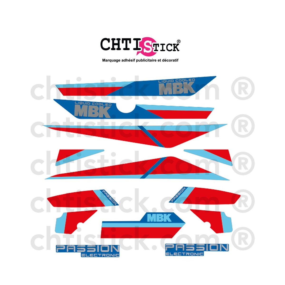 Kit Stickers MBK 51 PASSION 89 BLEU ROUGE CIEL