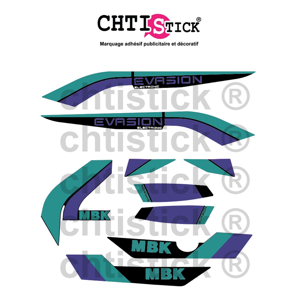 Kit Stickers MBK 51 EVASION 89 NOIR - VIOLET - TURQUOISE